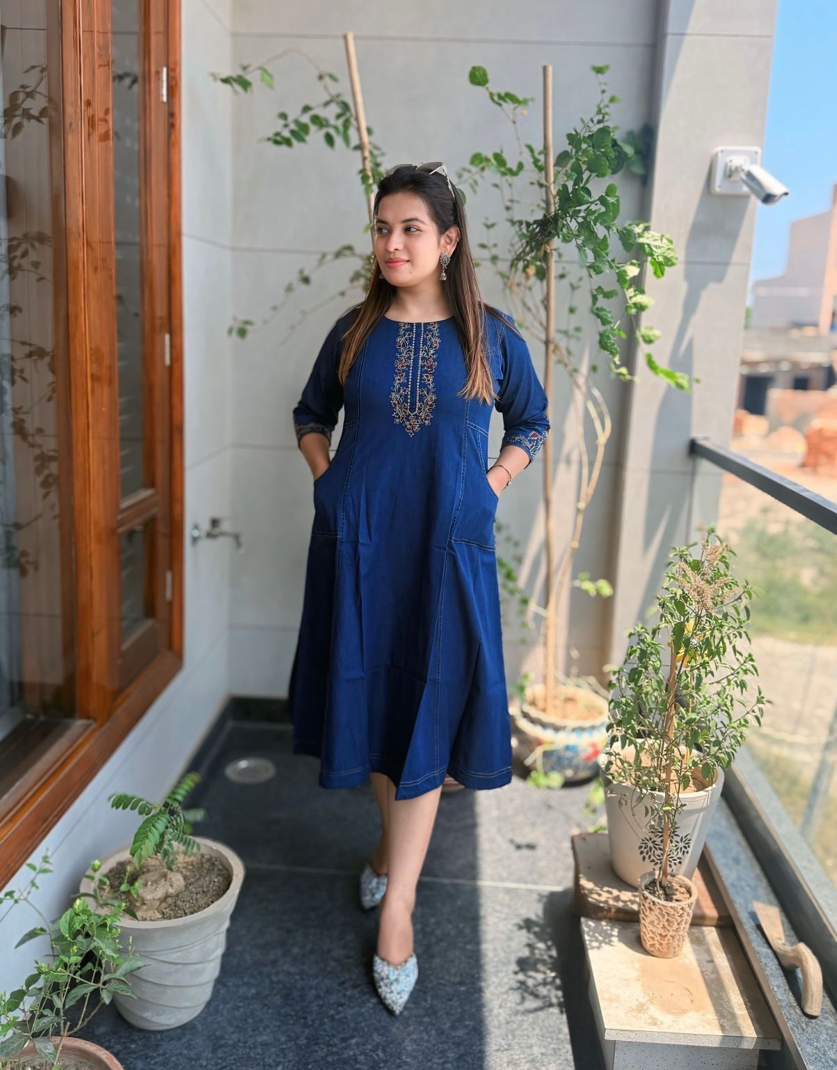 Denim Craft Thread Work Cotton Denim Kurta-cum-Middy Dress
