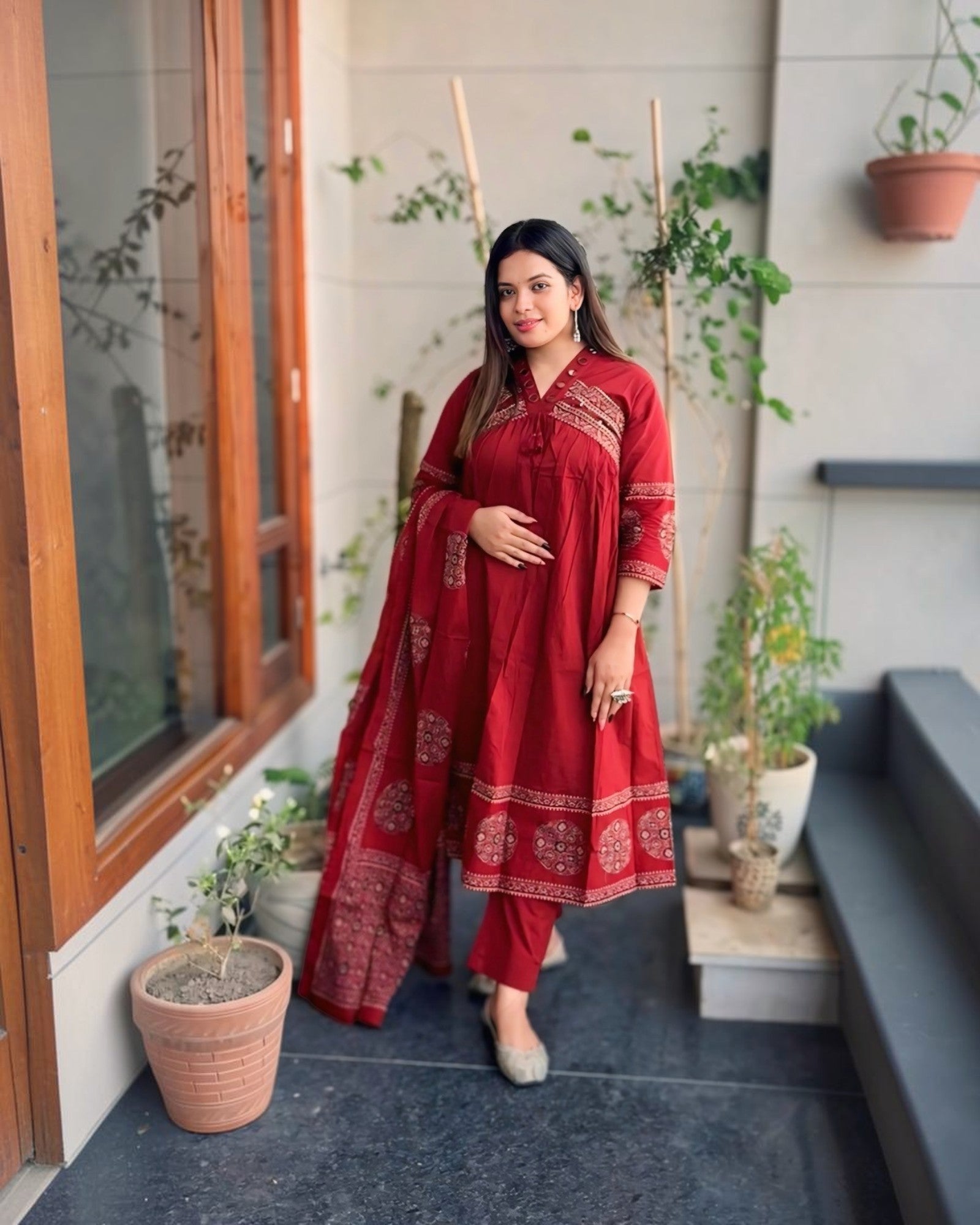 Rust Block Print Pure Cotton Flared Mirror work Suit Set!❤