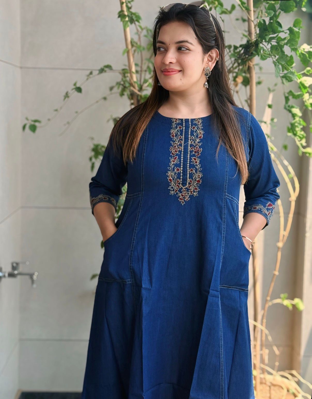 Denim Craft Thread Work Cotton Denim Kurta-cum-Middy Dress