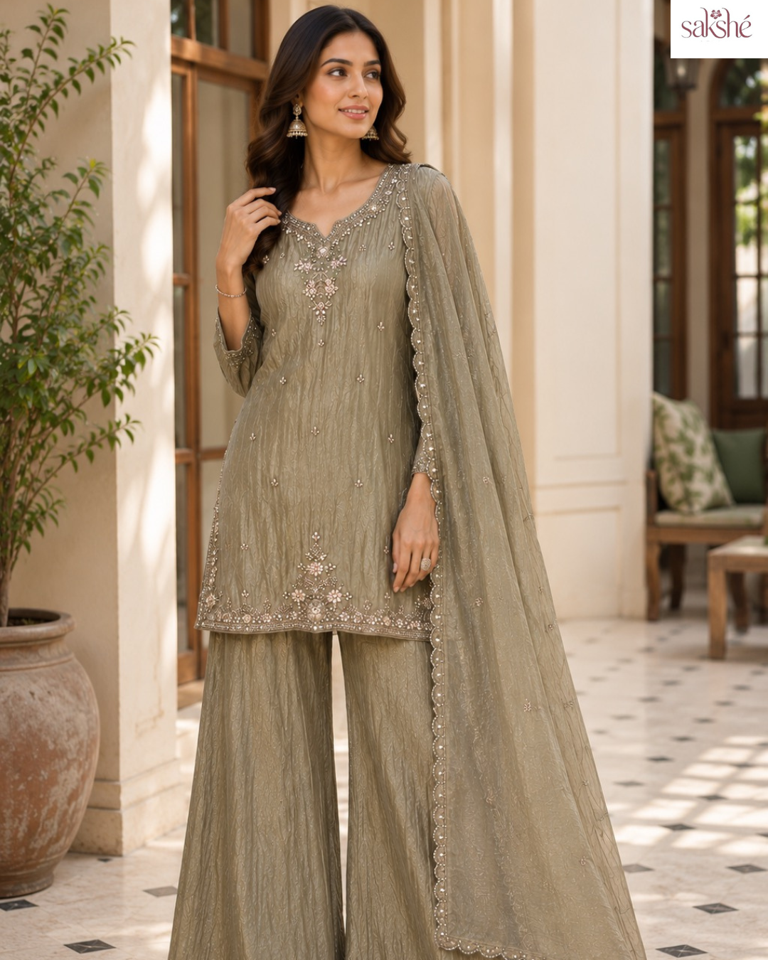 Olive Elegance Embroidered Plazo Set