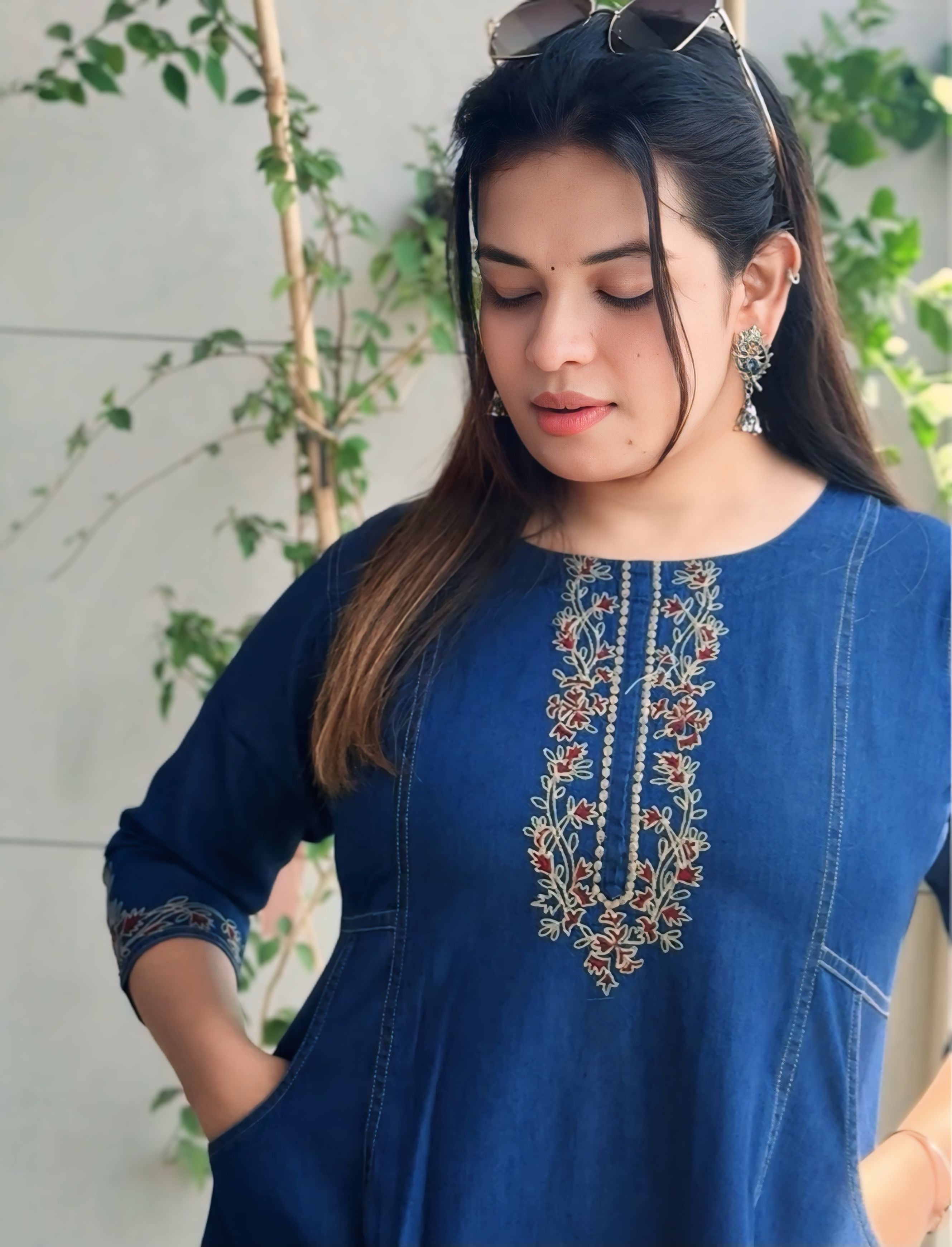 Denim Craft Thread Work Cotton Denim Kurta-cum-Middy Dress