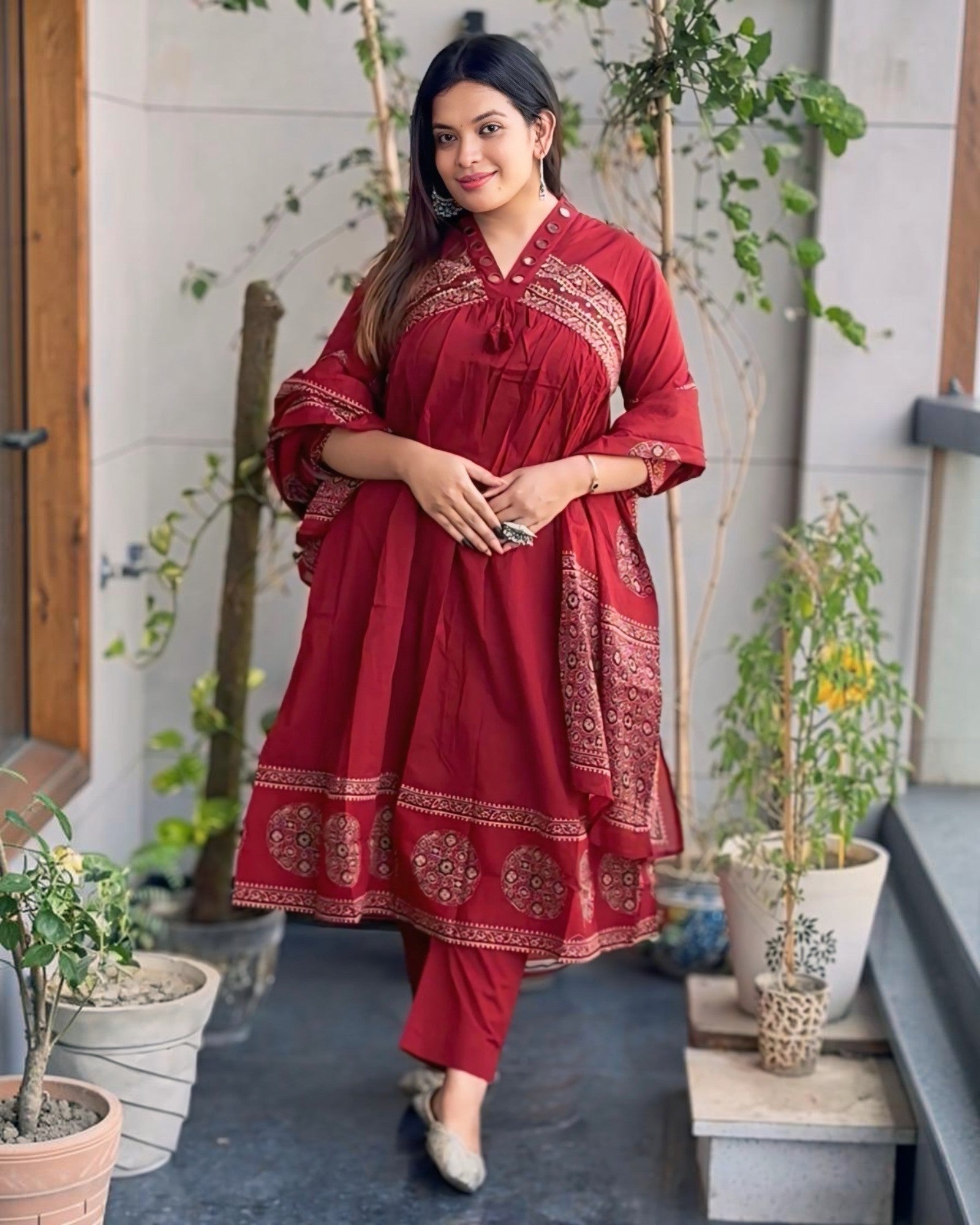 Rust Block Print Pure Cotton Flared Mirror work Suit Set!❤