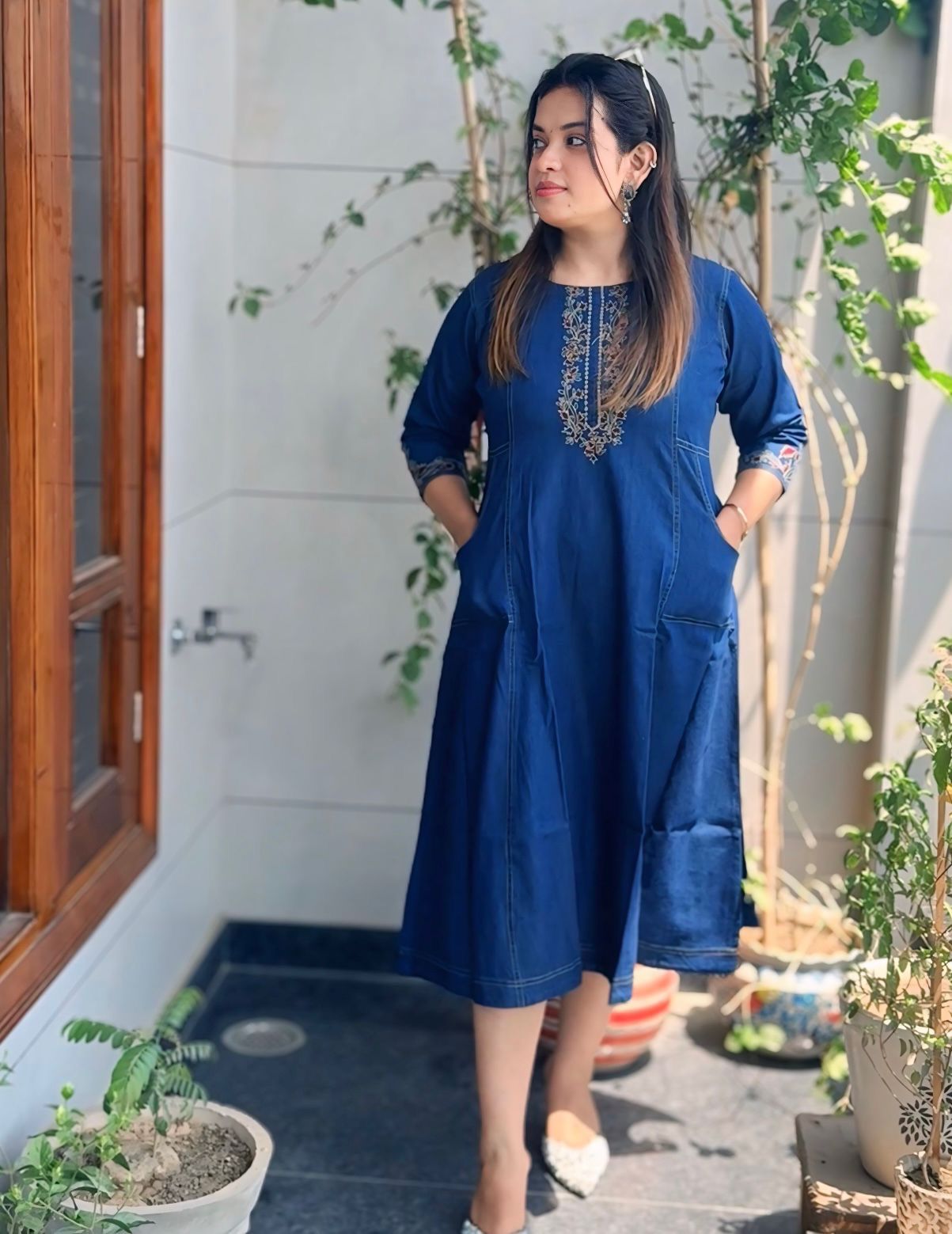 Denim Craft Thread Work Cotton Denim Kurta-cum-Middy Dress