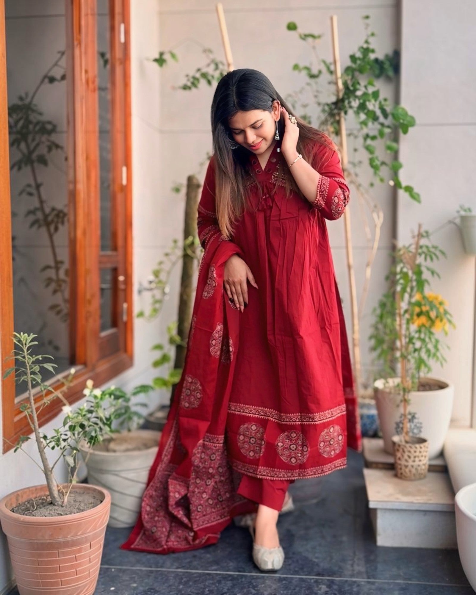 Rust Block Print Pure Cotton Flared Mirror work Suit Set!❤