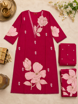 Gulabi Bloom Cotton 3-Piece Suit Set with Patch wrok!❤
