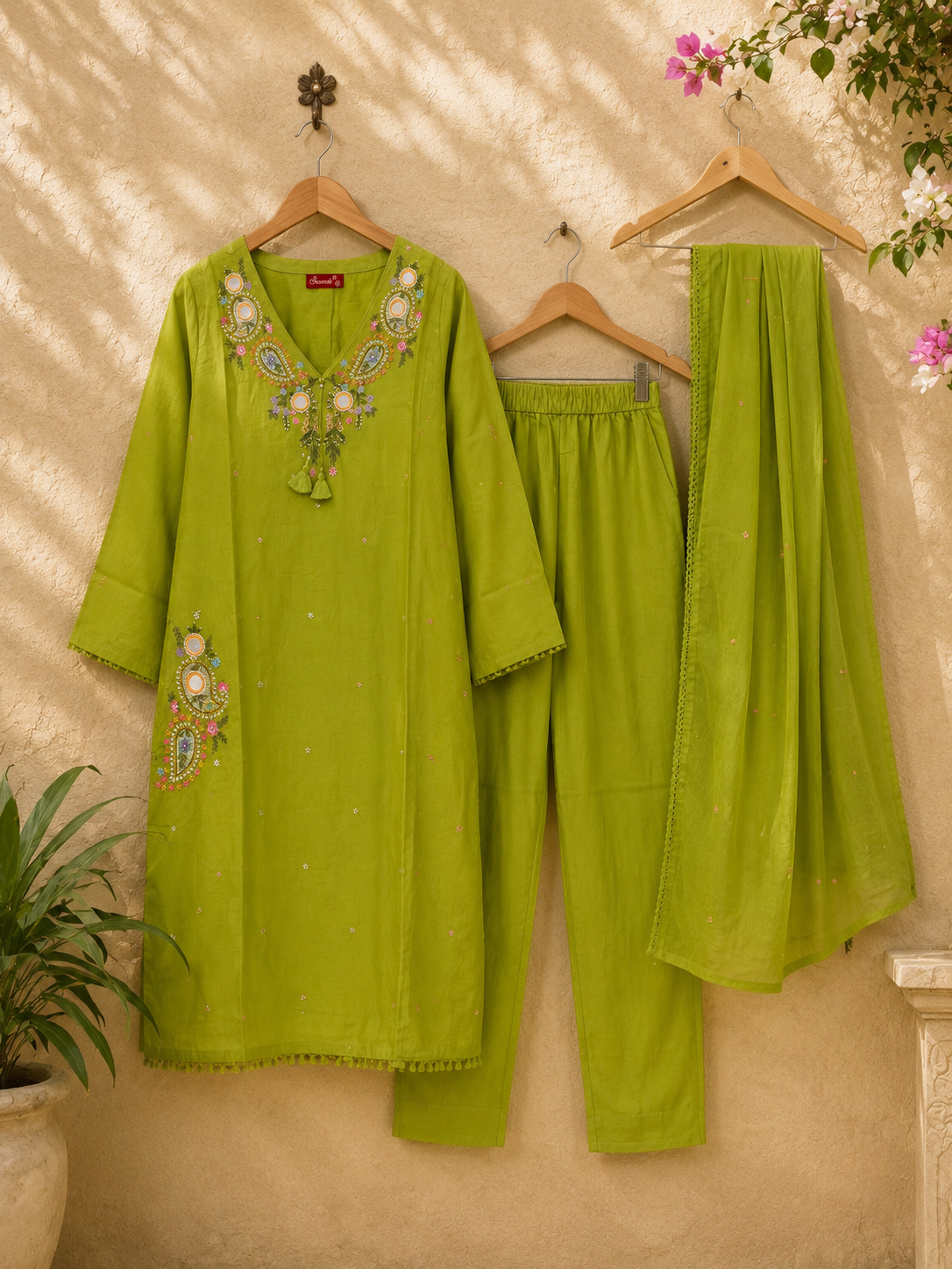 Green thread Embroidery Mul Cotton A-Line Suit with pockets!💚