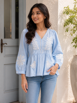 Premium Sky Bloom Appliqué Peplum Top!🔹