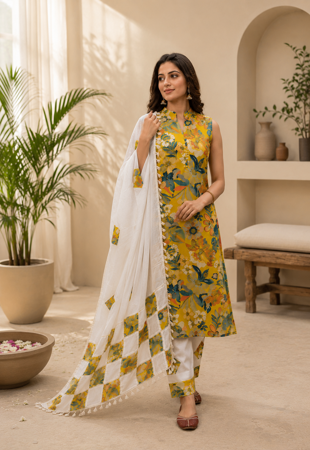 Sunlit Bloom Printed Cotton Kurta Set with Patchwork Dupatta!๐๐งก