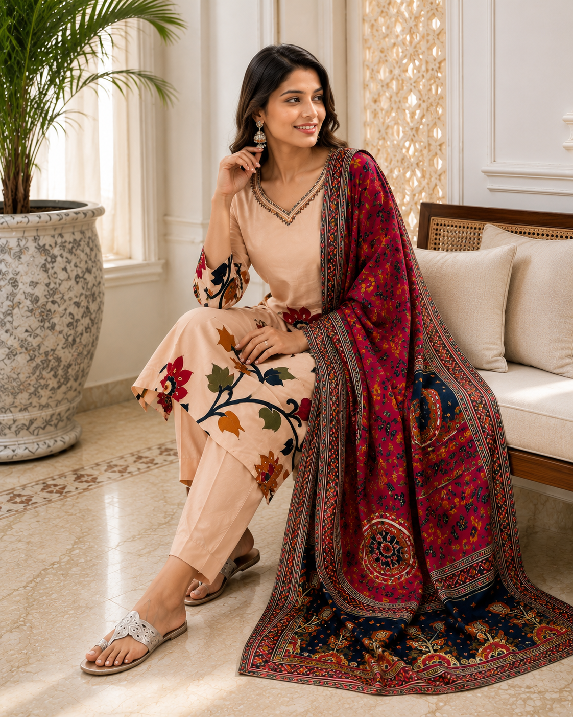 Blush Bloom Pure Crepe Suit Set with Handwork Detailing & Printed Dupatta!🤍