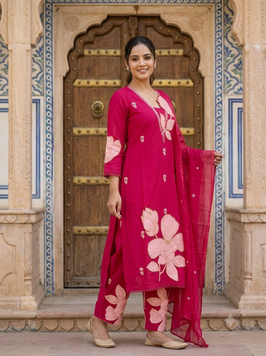 Gulabi Bloom Cotton 3-Piece Suit Set with Patch wrok!❤