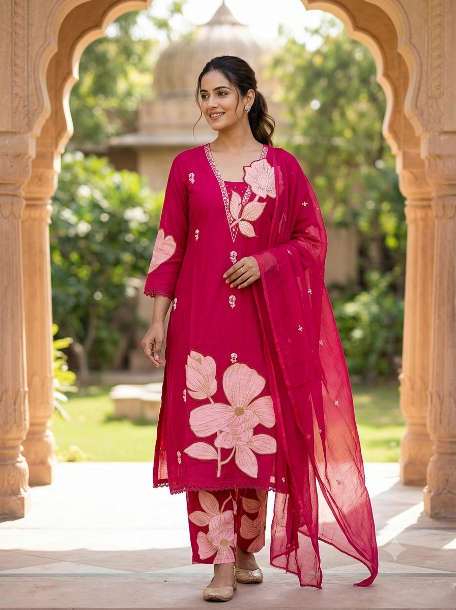 Gulabi Bloom Cotton 3-Piece Suit Set with Patch wrok!❤