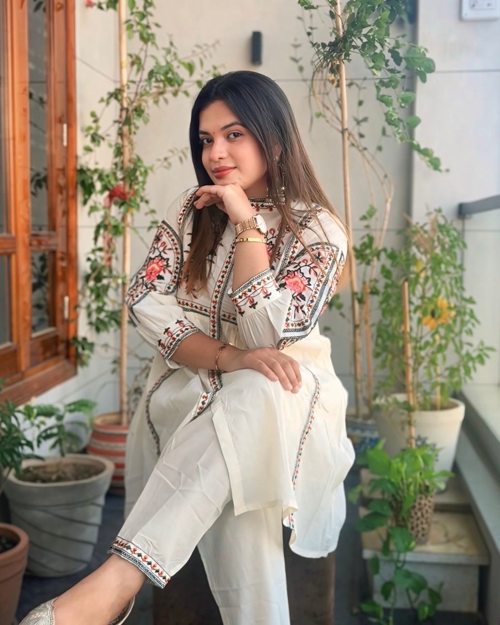 Soft White Pure Cotton Flared Thread work Co-ord set!
