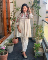 Soft White Pure Cotton Flared Thread work Co-ord set!