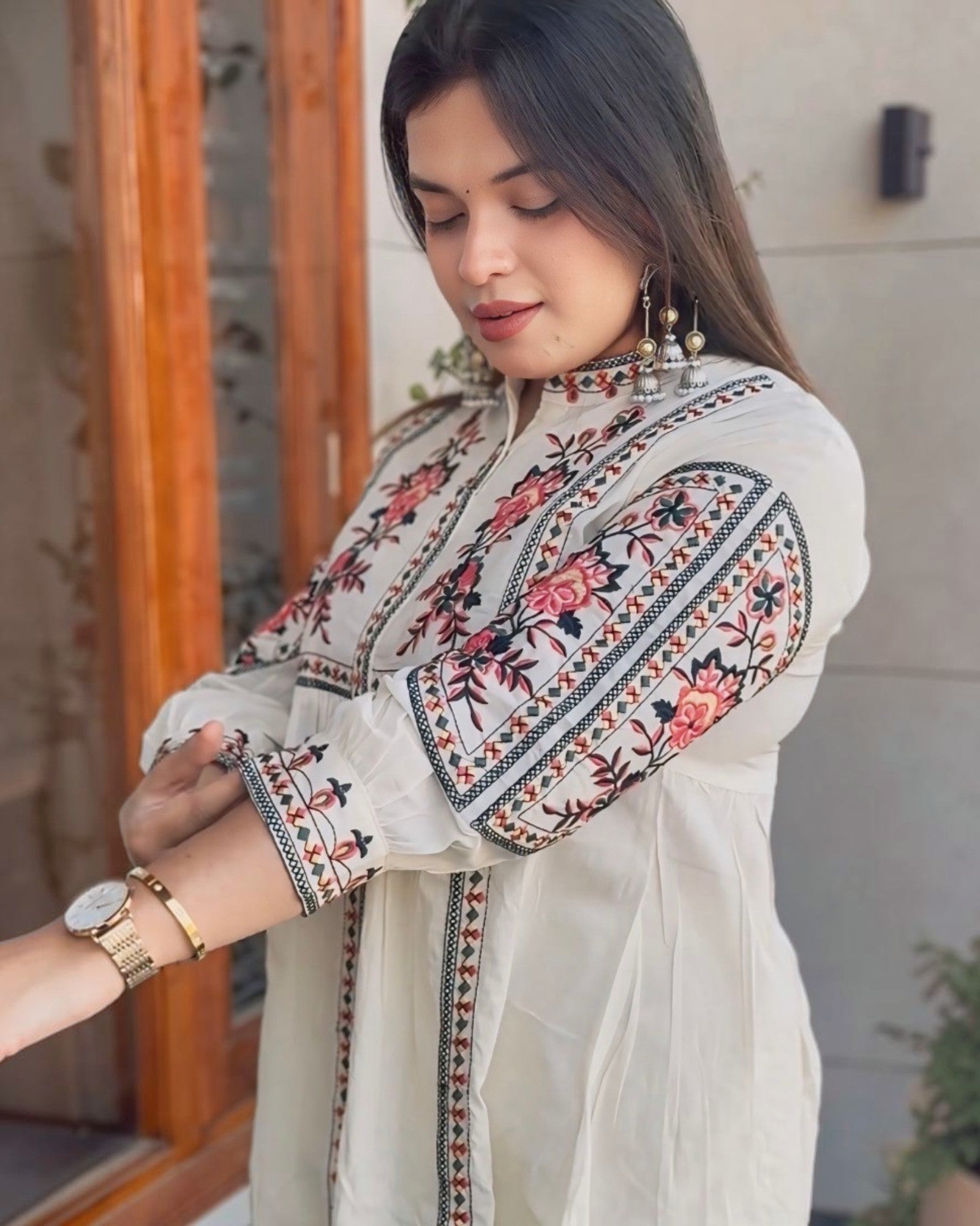 Soft White Pure Cotton Flared Thread work Co-ord set!