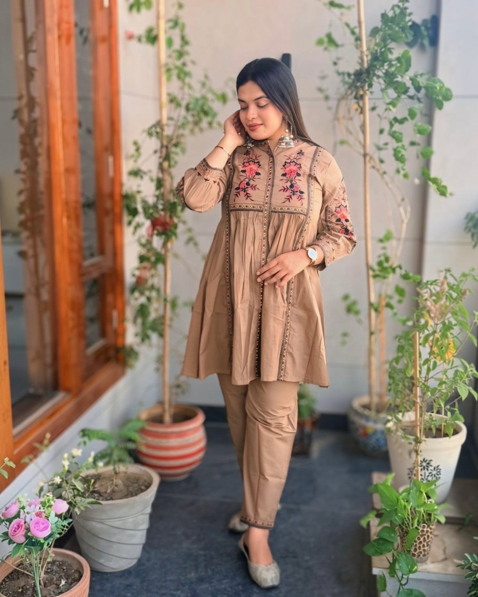Coffee Mocha Pure Cotton Full Thread work Co-ord set!