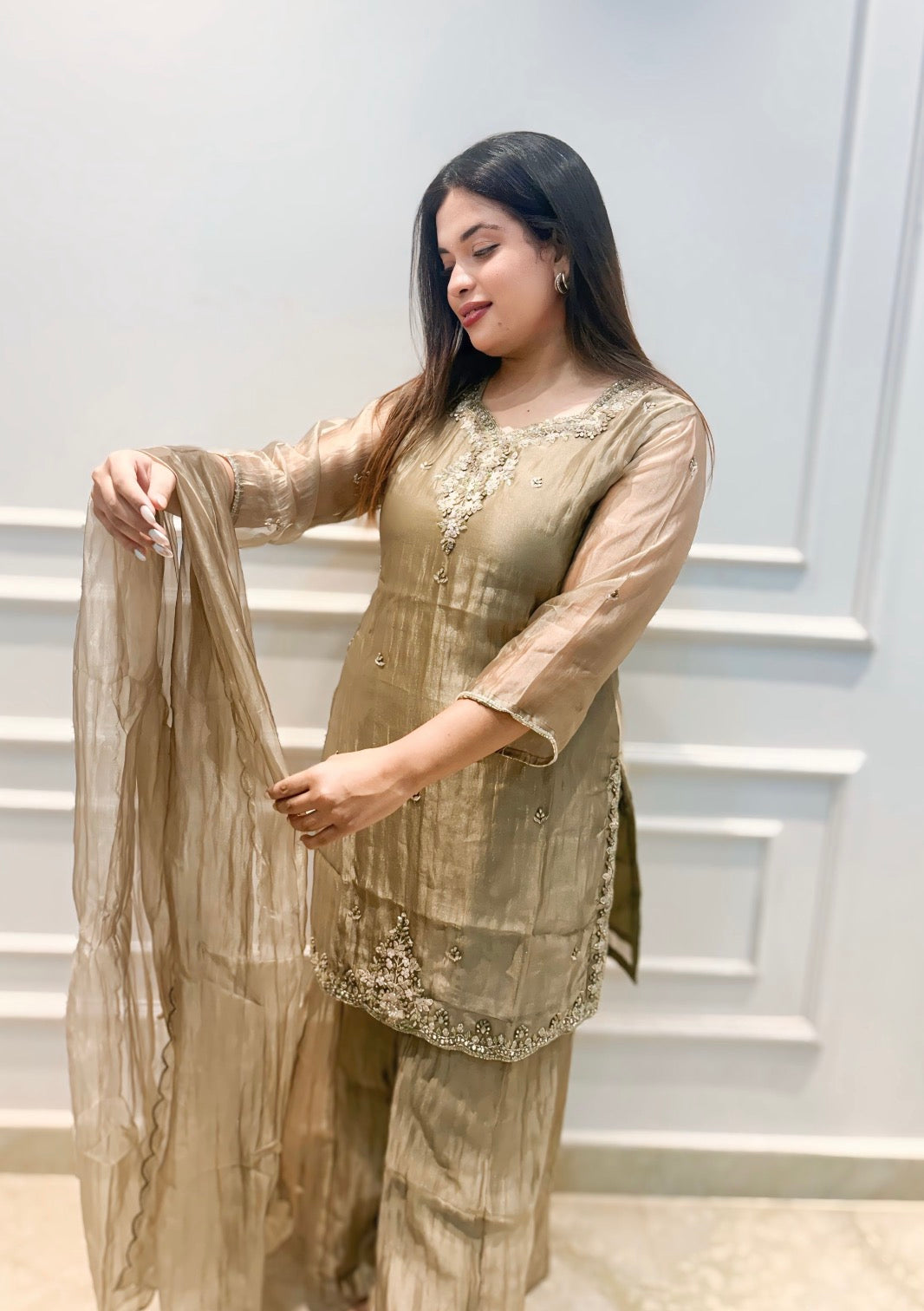Olive Elegance Embroidered Plazo Set