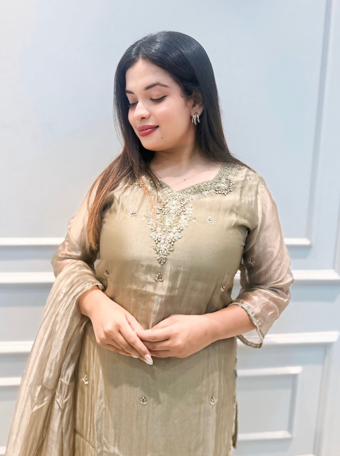 Olive Elegance Embroidered Plazo Set