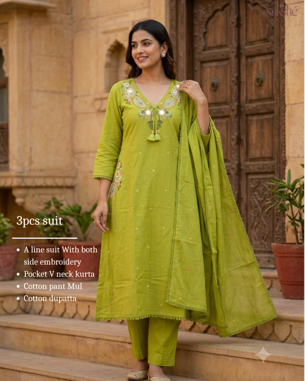 Green thread Embroidery Mul Cotton A-Line Suit with pockets!💚