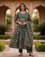 Pure Cotton Printed Anarkali Suit with Embroidery Neck Detailing