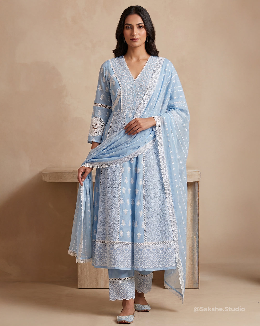 Summer Sky Blue Lucknowi Anarkali..!
