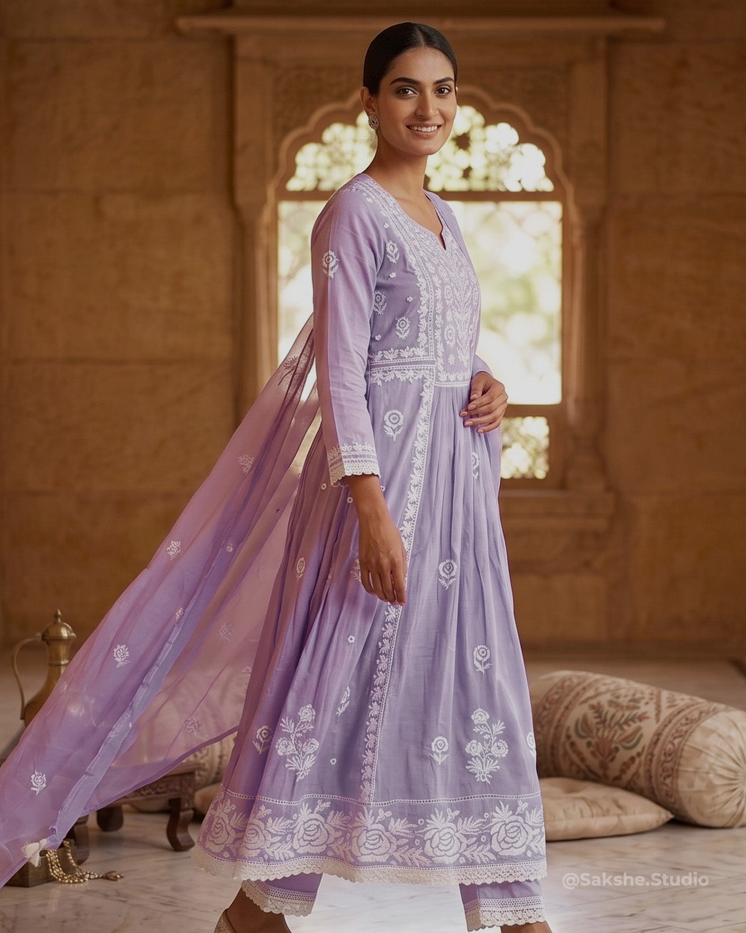 Fine Lucknowi Complete Threadwork Pure Mul Cotton A-Line Suit