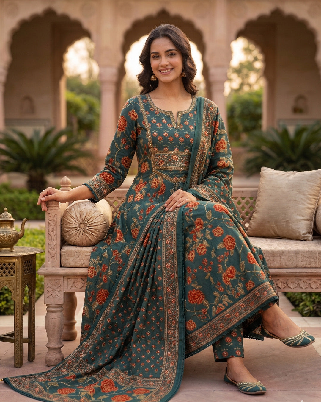 Pure Cotton Printed Anarkali Suit with Embroidery Neck Detailing