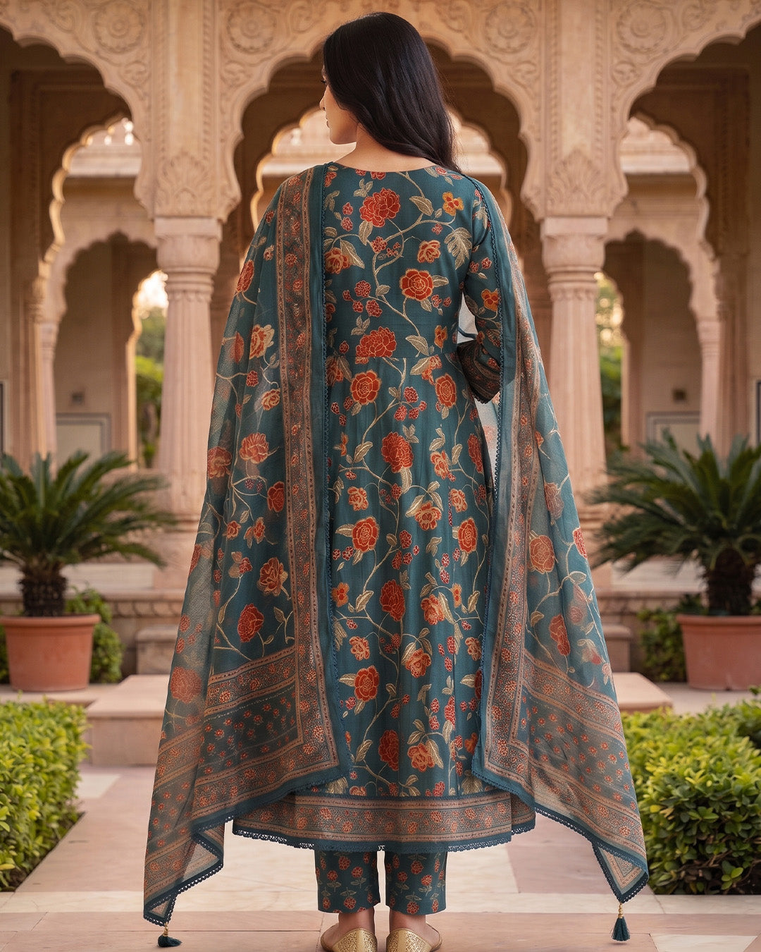 Pure Cotton Printed Anarkali Suit with Embroidery Neck Detailing