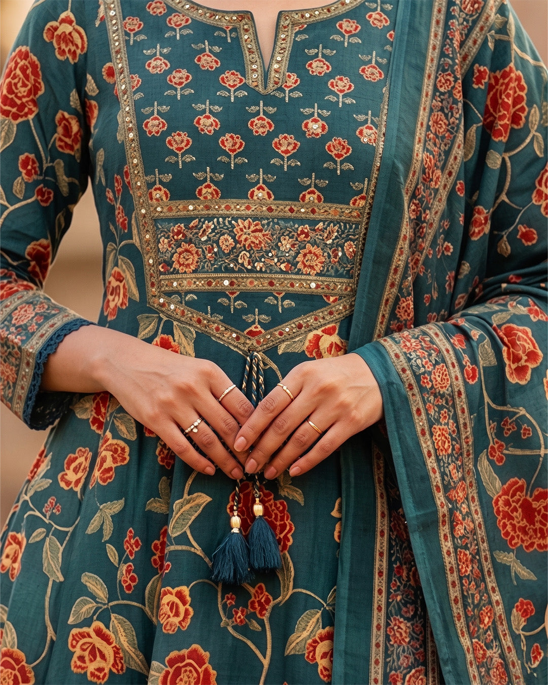Pure Cotton Printed Anarkali Suit with Embroidery Neck Detailing