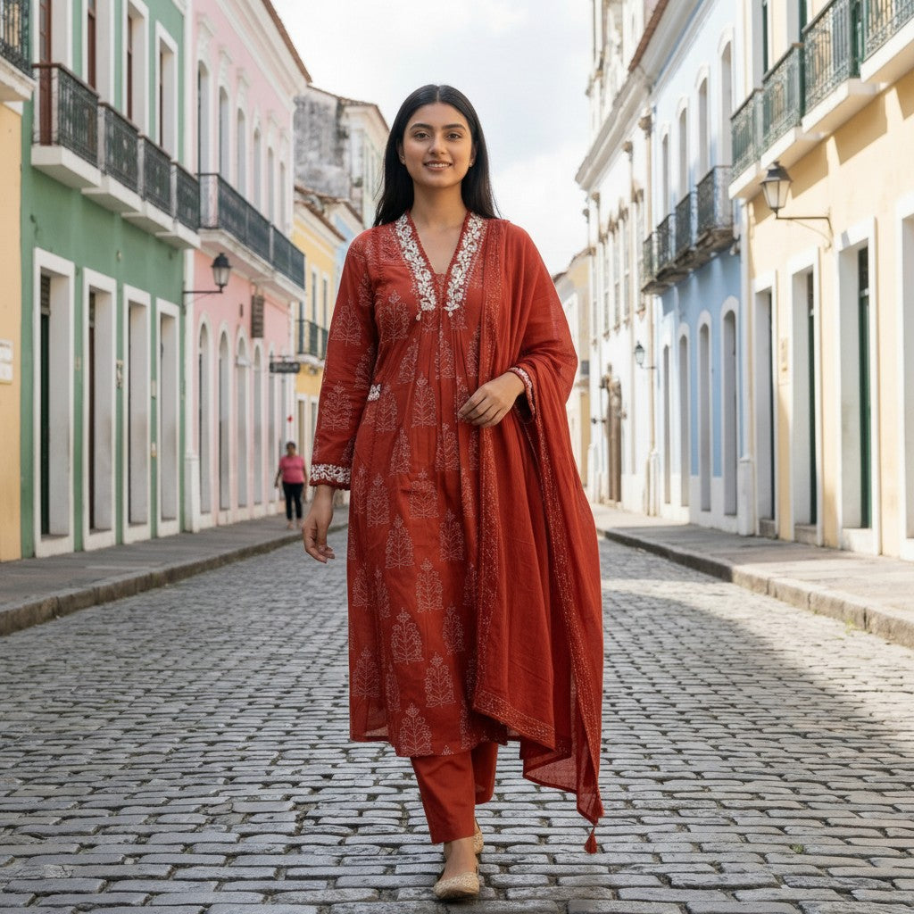 Vibrant Rust Cotton Suit Made for Effortless Style ❤️