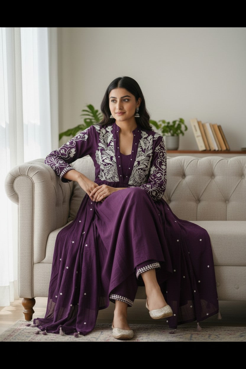 Royal Purple Mul Cotton Suit with Flared Elegance 💜