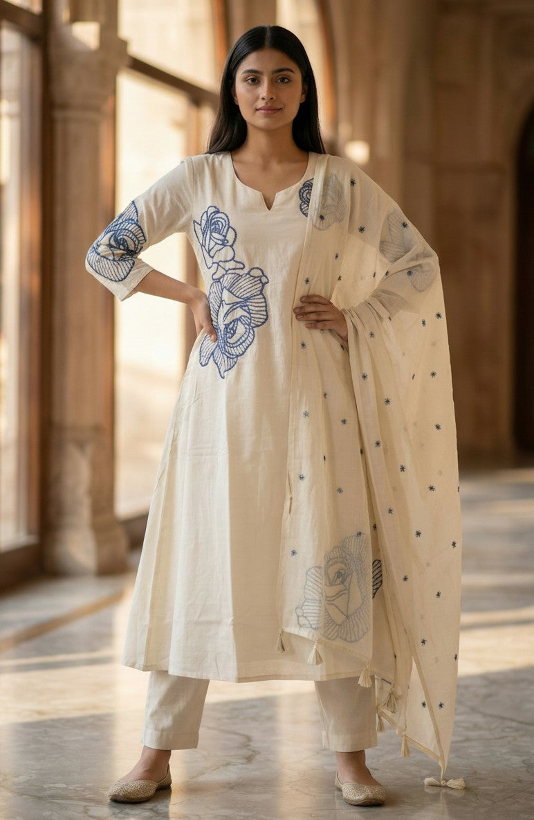 Minimal Ivory Cotton Suit with Elegant Thread Detailing š¤