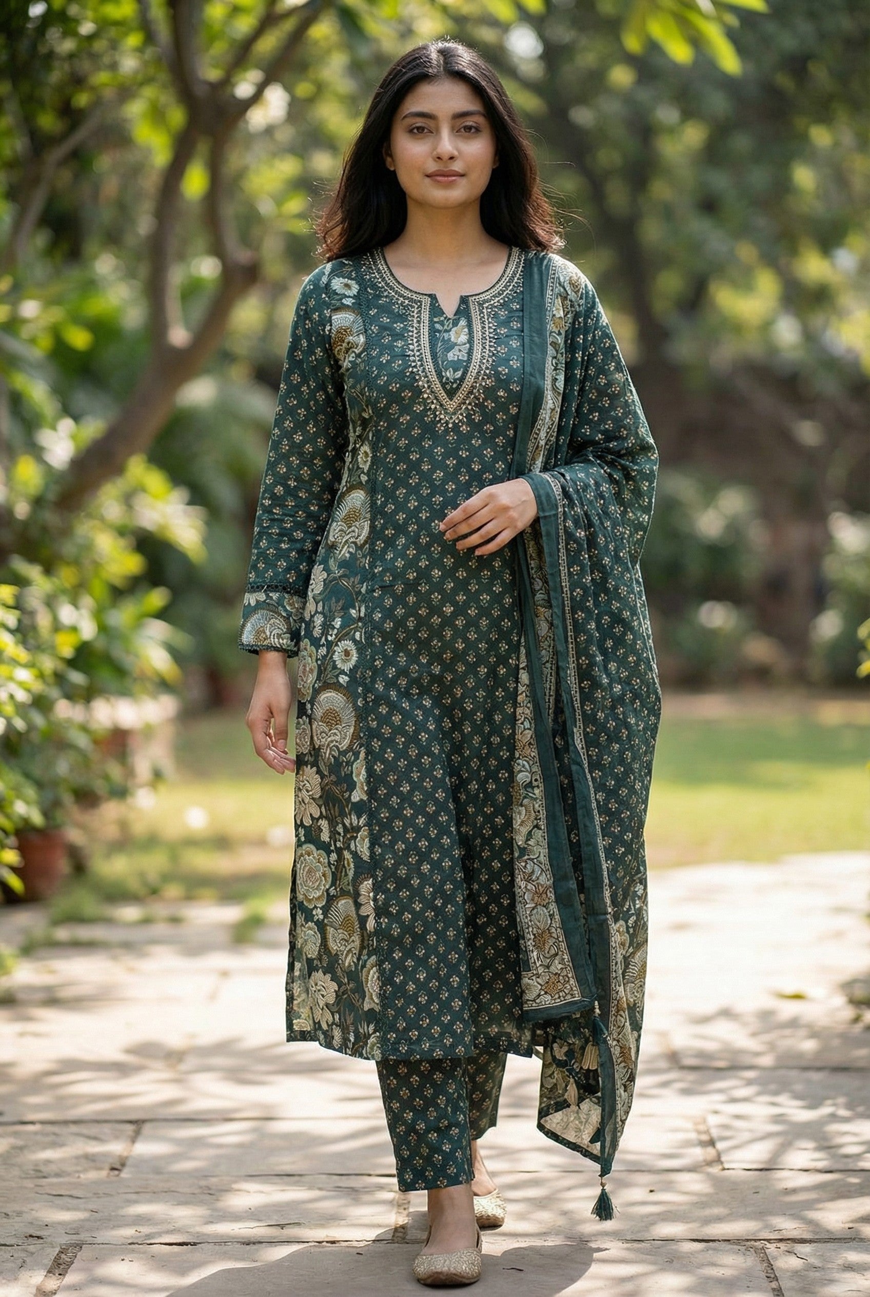 Bold Printed Cotton Suit with Mirror Work Charm ✨