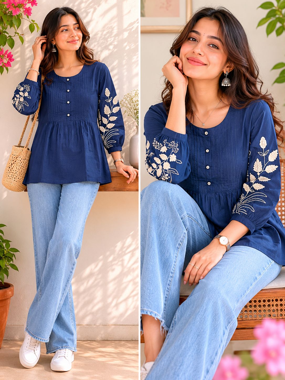 Blue Sleeves embroidery Pure Cotton Tunic!