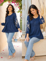 Blue Sleeves embroidery Pure Cotton Tunic!