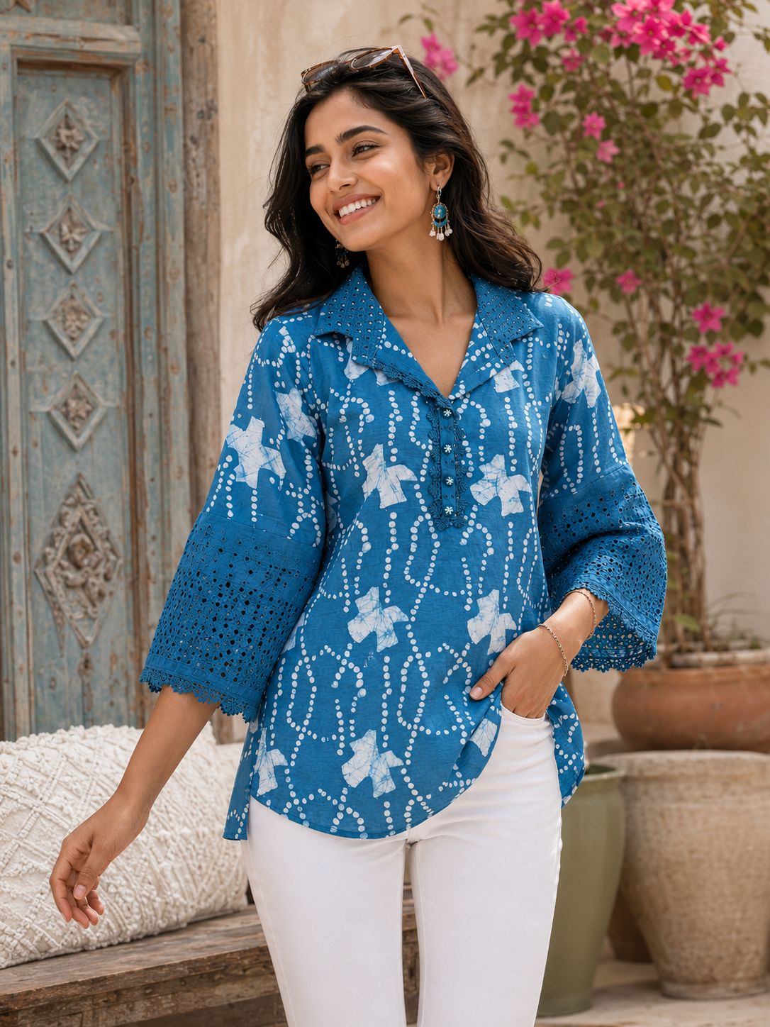 Premium Shibori Print with schiffli Collar and Sleeves Tunic!
