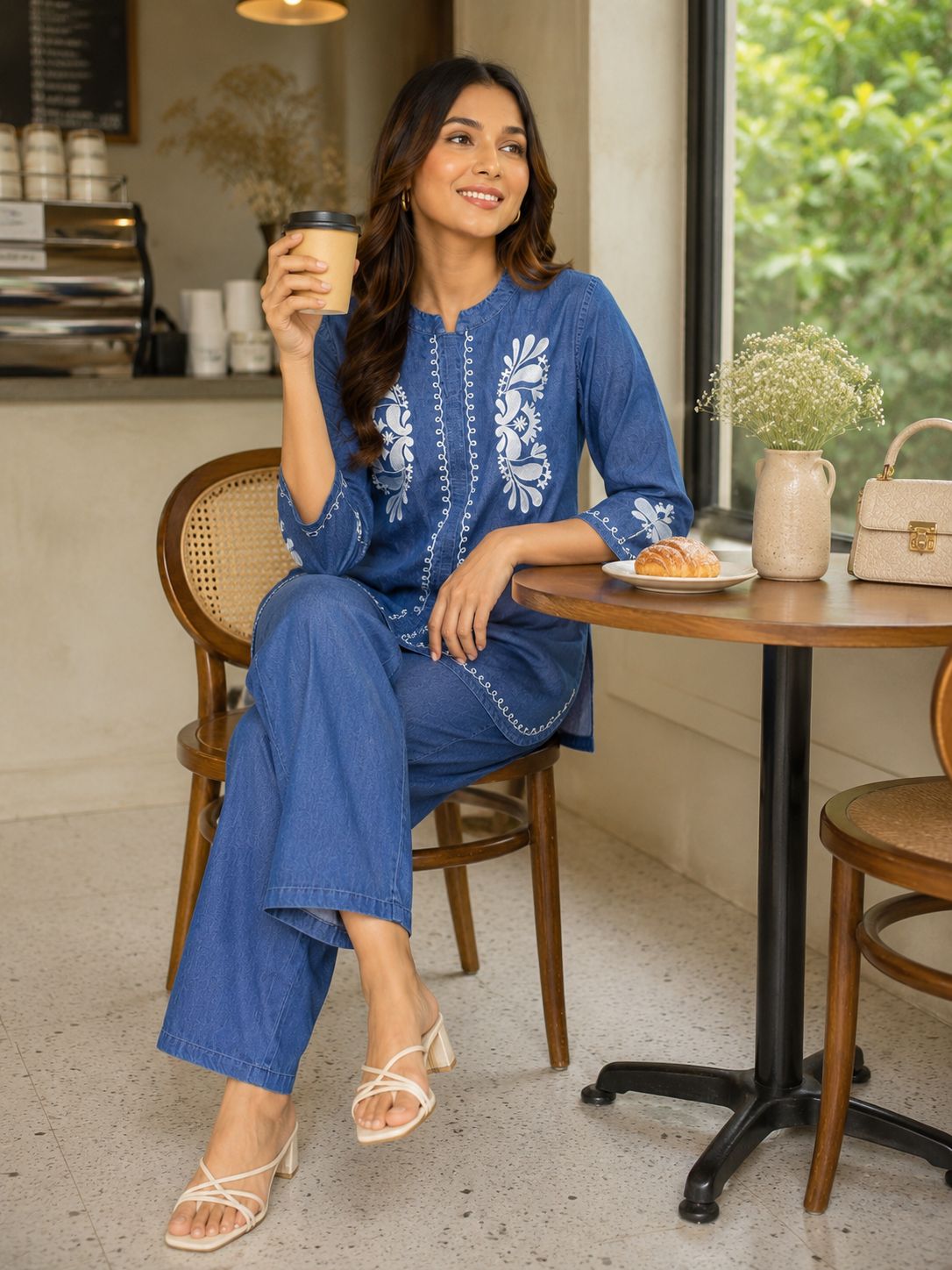 Denim Cotton Stylish thread work co-ord set!