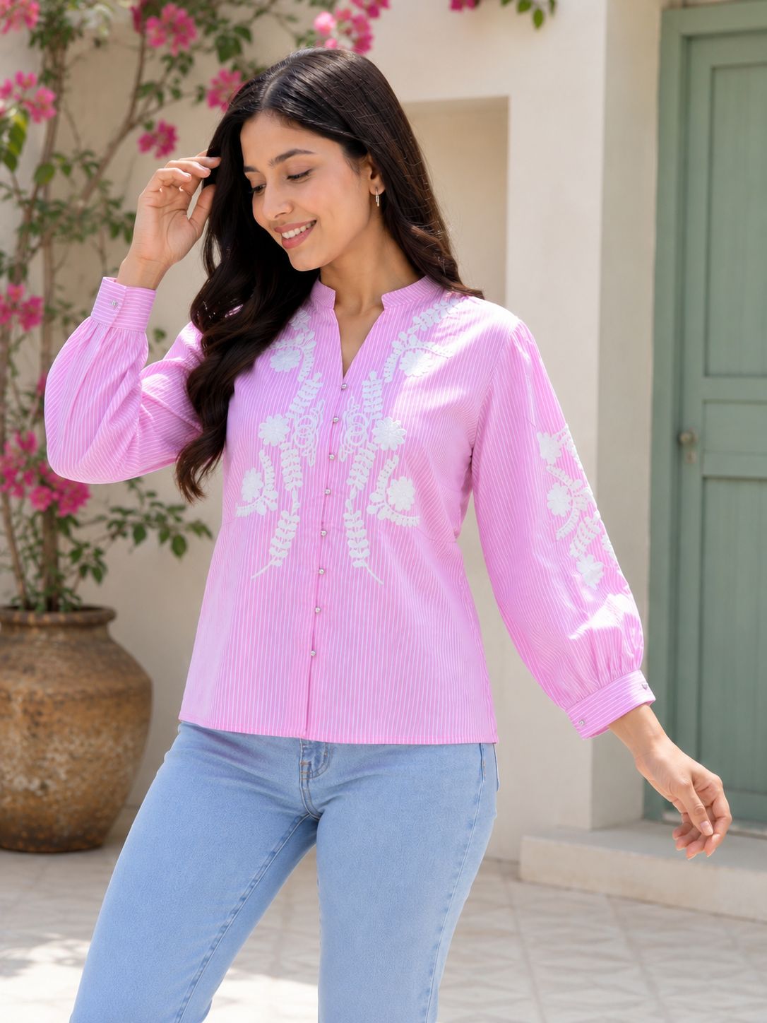 Pink Striped Embroidered Cotton Shirt for Women!🤞