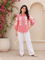 Women's Striped Embroidered Puff Sleeve Cotton Shirt(RED)!❤