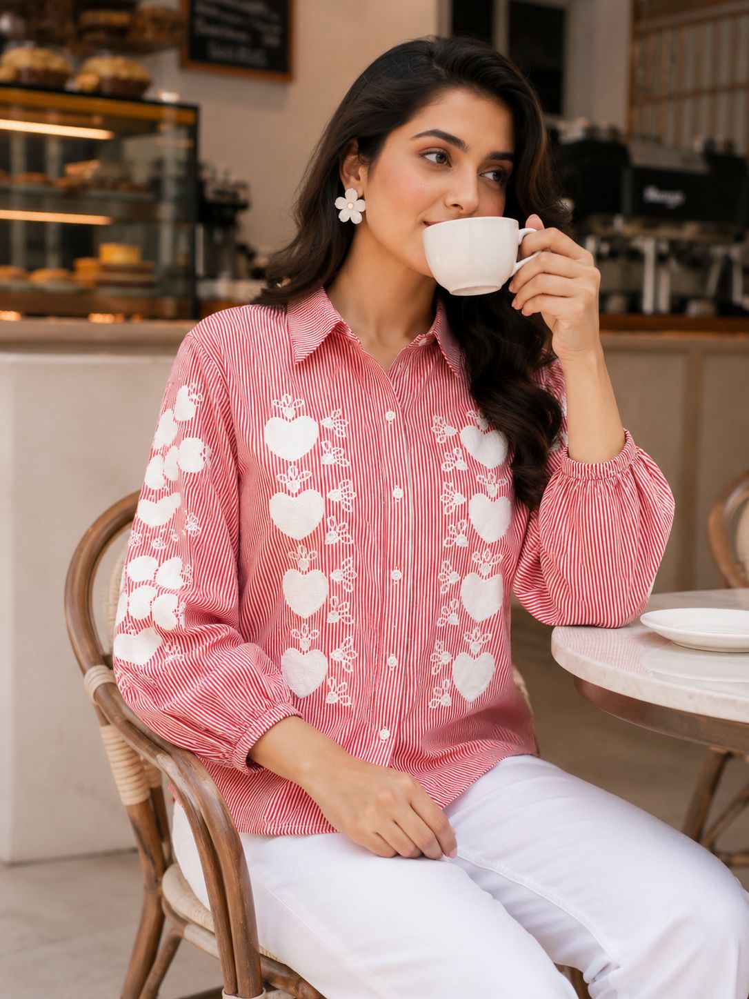 Women's Striped Embroidered Puff Sleeve Cotton Shirt(RED)!❤