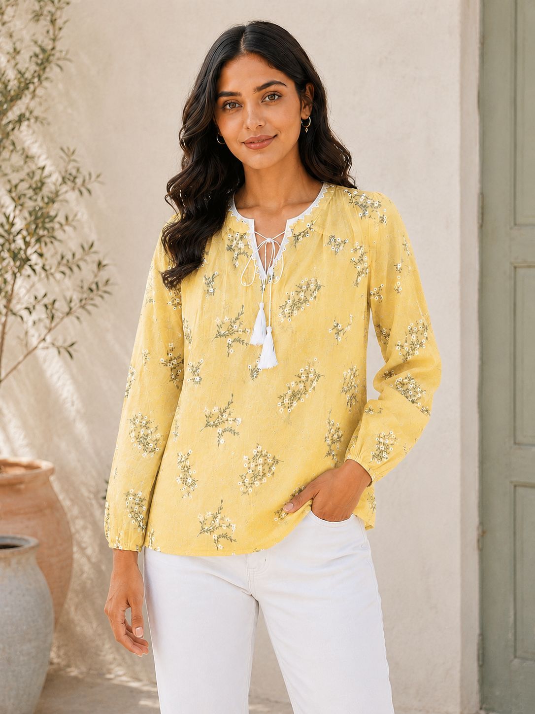 Elegant Sheer Organza Floral Embellished Top – Pastel Yellow