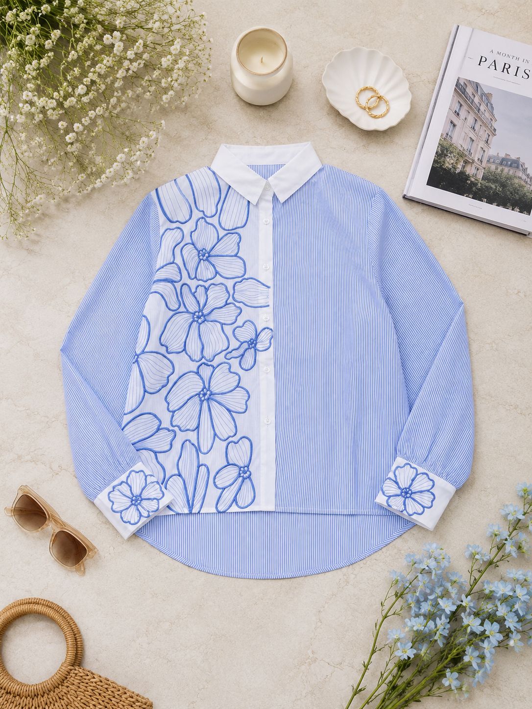 Azure Bloom Embroidered Stripe Shirt!(Blue)💙