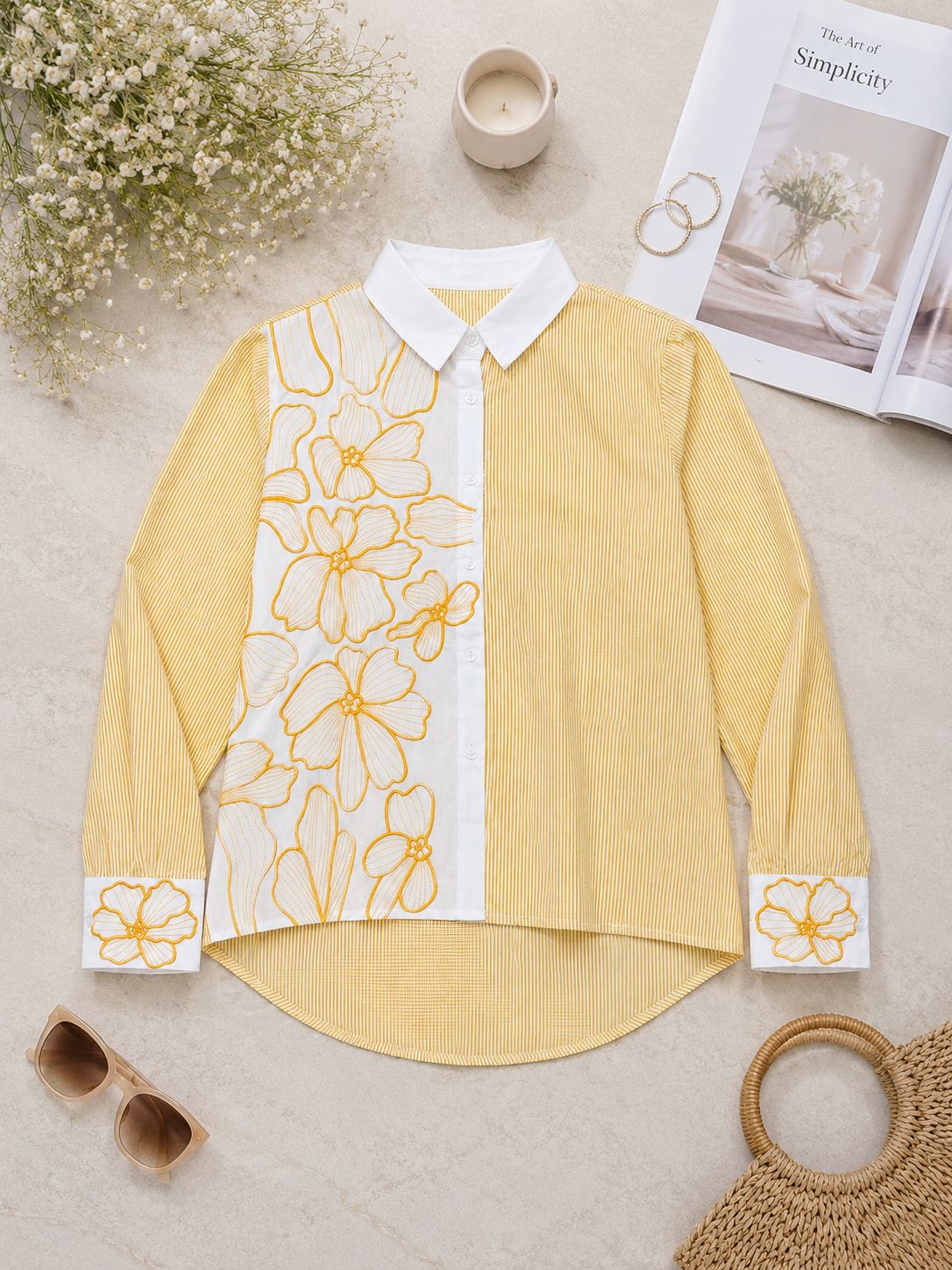 Sunlit Blossom Embroidered Stripe Shirt!(Yellow)š