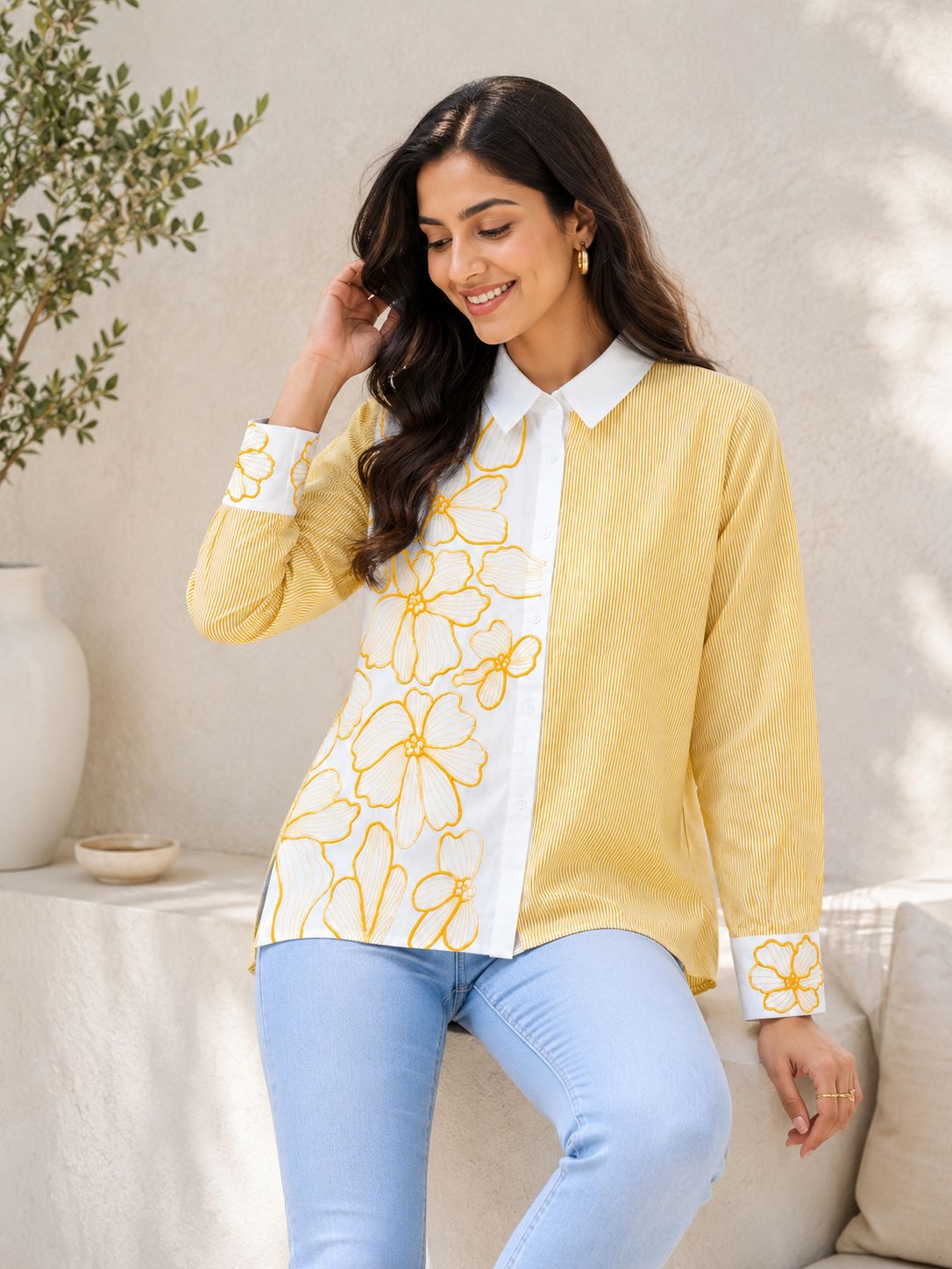 Sunlit Blossom Embroidered Stripe Shirt!(Yellow)š