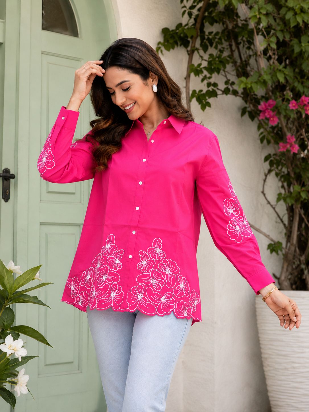 BloomScape Fuchsia Floral Cotton Shirt!🌸