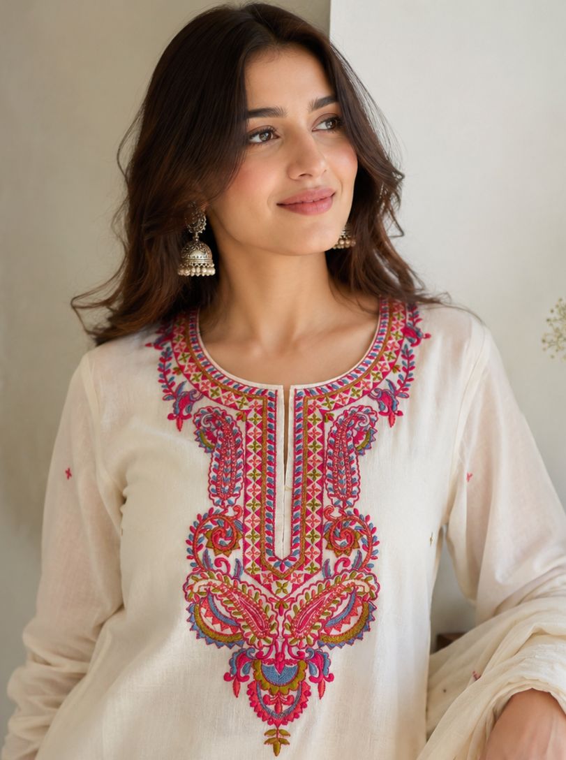 Gulnaar White Embroidered Ethnic cotton Suit Set!š¤