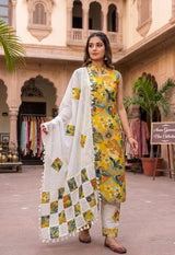 Sunlit Bloom Printed Cotton Kurta Set with Patchwork Dupatta!๐๐งก