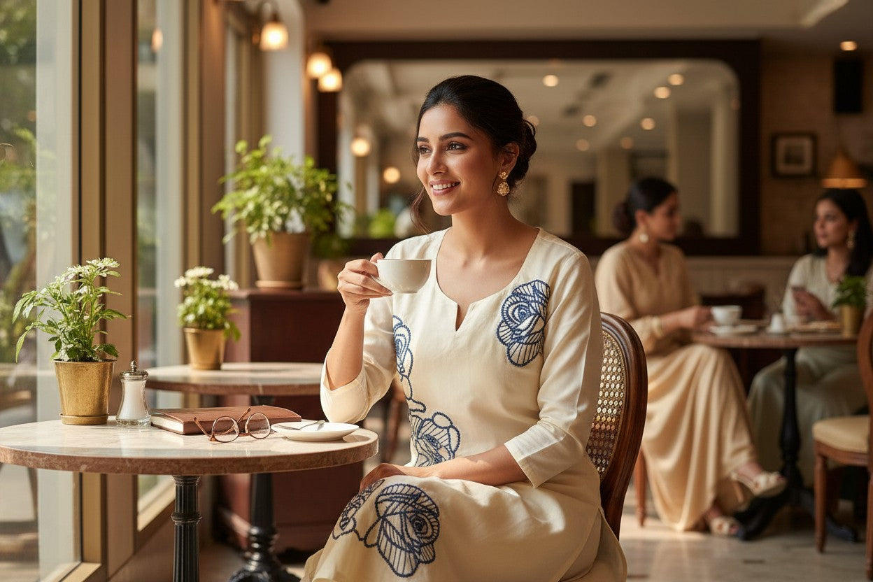 Minimal Ivory Cotton Suit with Elegant Thread Detailing š¤