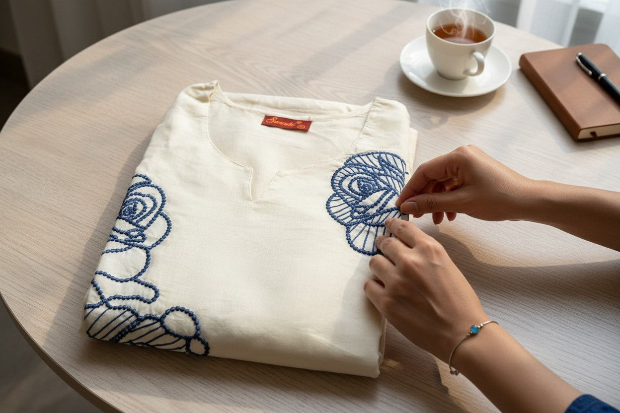 Minimal Ivory Cotton Suit with Elegant Thread Detailing š¤