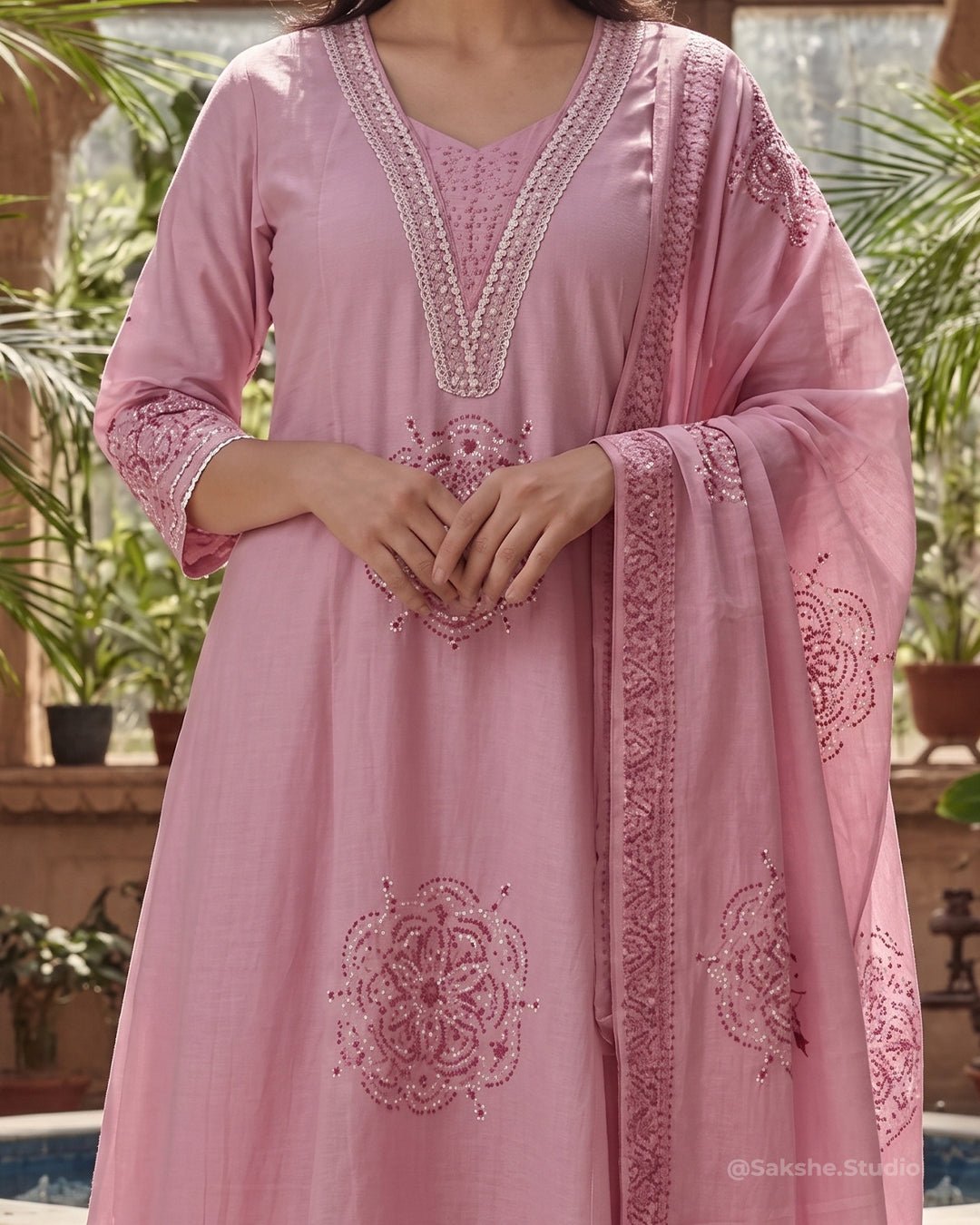 Bandhini Bloom Threadwork Fine Cotton A - Line Suit - Sakshe Studio