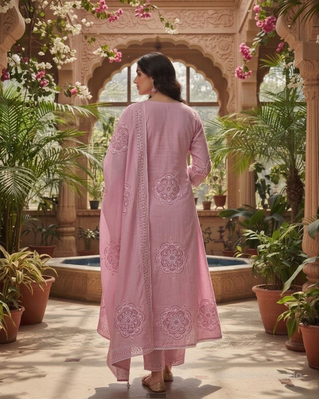 Bandhini Bloom Threadwork Fine Cotton A - Line Suit - Sakshe Studio